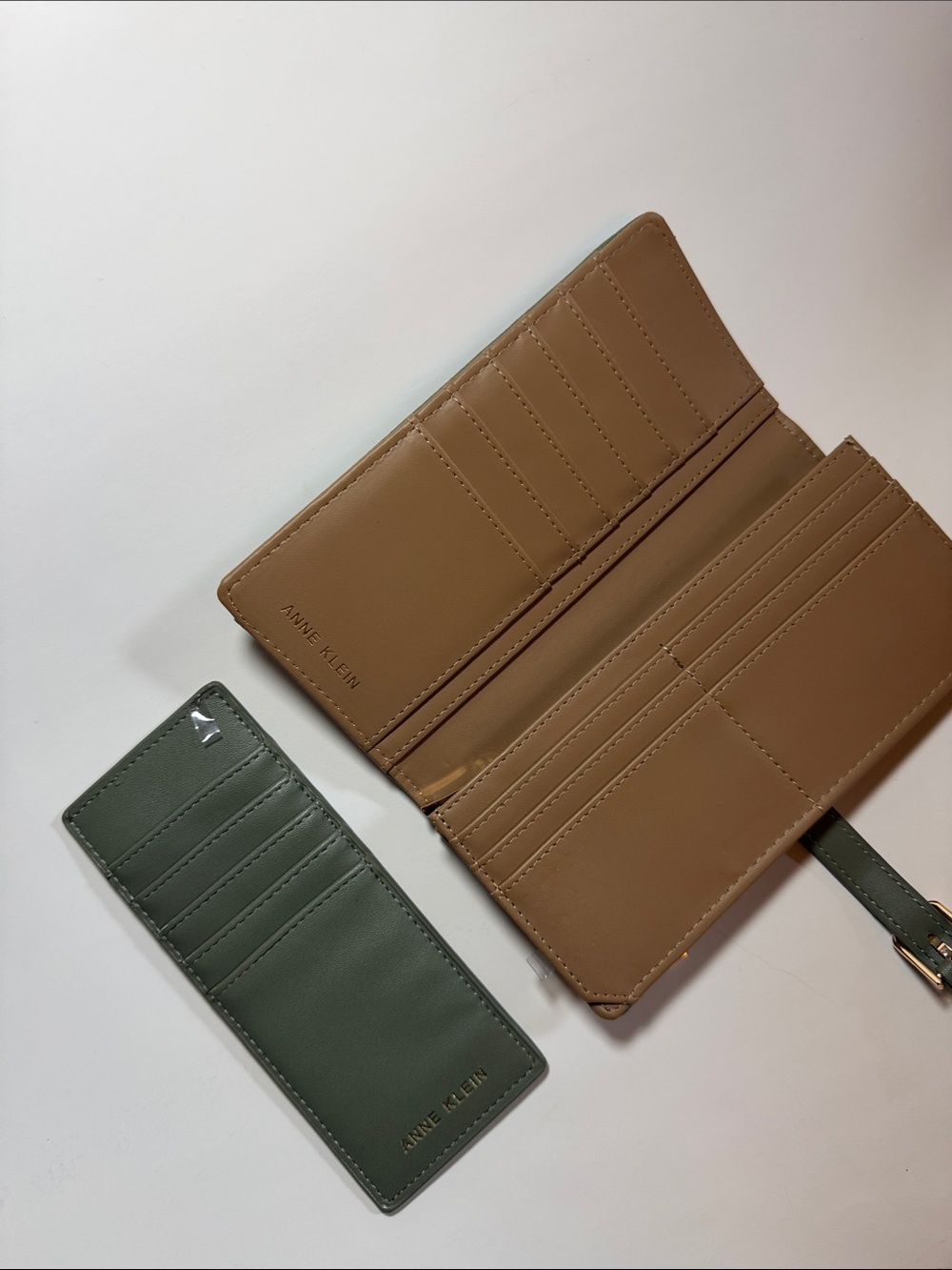Anne Klein Tan & Olive Leather Card Holder and Long Wallet Set